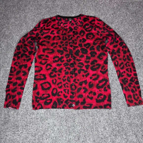 Talbots Petite Red Leopard Print 100% Merino Wool Button Front Cardigan - Picture 1 of 5